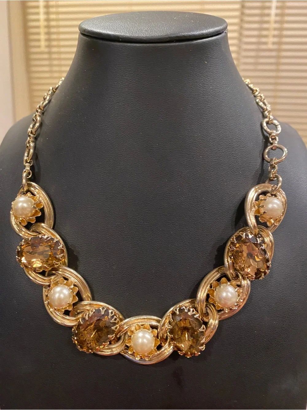 Gold-Tone Pearl and Amber Crystal Statement Necklace